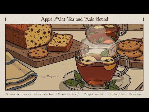 apple mint tea, choco chips cookies and rain sound