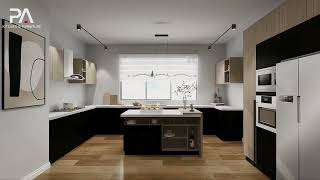 Black and Wood U Shaped Two Tone Cabinets