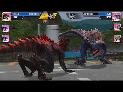MAX LEVEL SCORPIUS REX VS GLYTHRONAX | DINOSAUR BATTLE | JURASSIC WORLD THE GAME