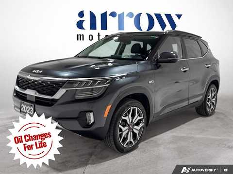 2023 Kia Seltos SX Turbo AWD w/Black Interior in Gray for sale at Arrow Motors in Aylmer, ON