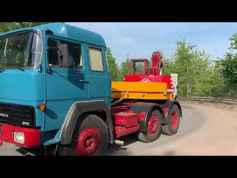 Magirus Deutz 310D22 TE mit Tieflader und O&K RH 4 durch die Kiesgrube