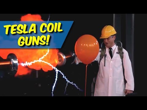 80,000 Volt Tesla Coil Guns Explode Hydrogen Balloons!