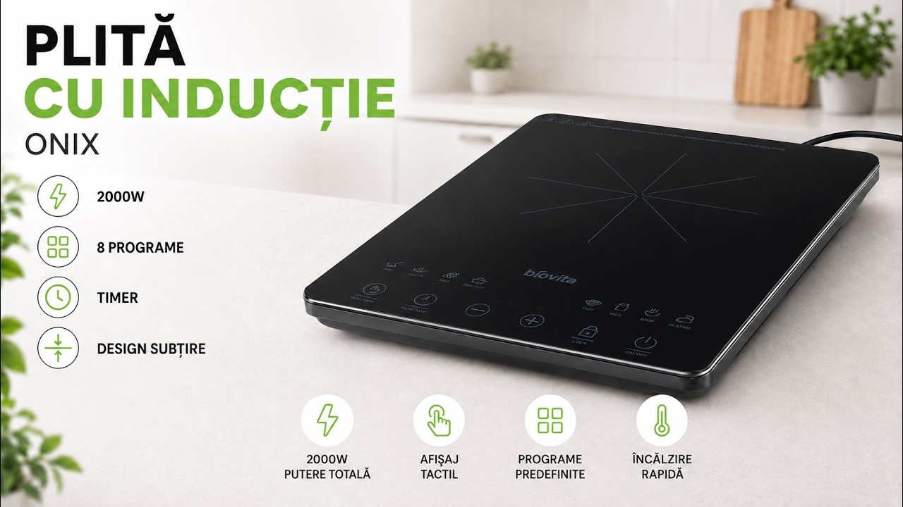 Plită cu inducție ONIX, 2000 W, 8 programe, design subțire, afișaj tactil, timer