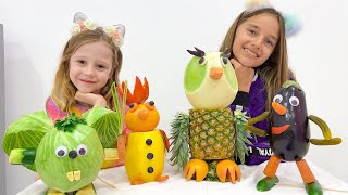 Nastya and her friend make animal figurines from vegetables and fruits