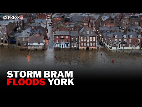 Drone footage shows huge flooding in York following Storm Bram's approach