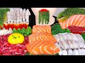 ASMR BABY SQUID RAW BEEF SALMON SEA GRAPES 꼴뚜기 육회 연어회 바다포도 먹방 SEAFOOD MU