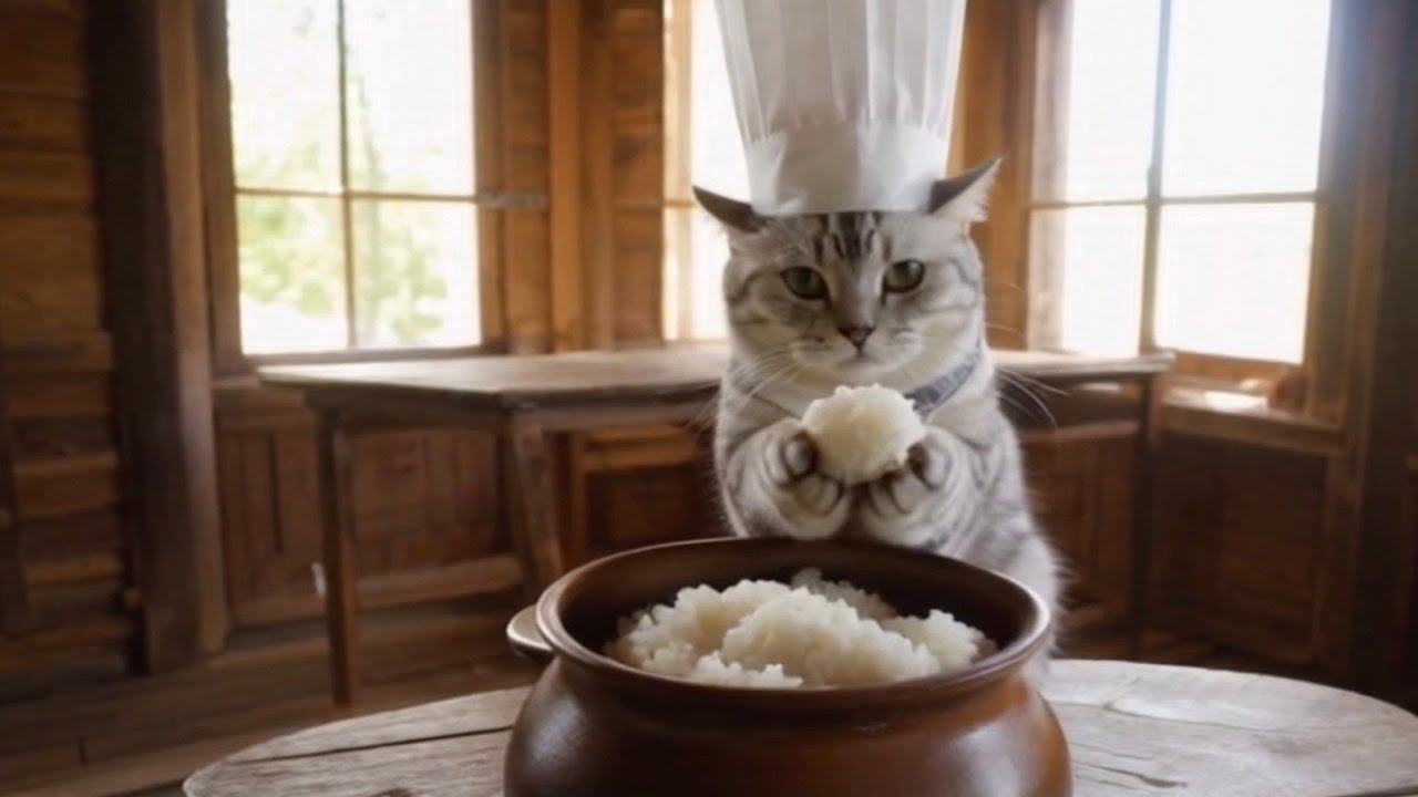 Cat Chef makes Salmon Rice Balls（Onigiri） and Miso Soup.