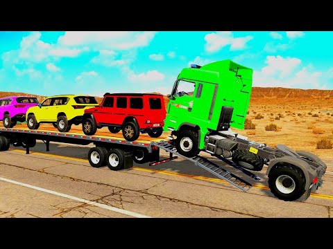 Four Trucks Transporting cars with Flatbed Trailers | Cars vs Speedbump vs Train vs Pothole #050