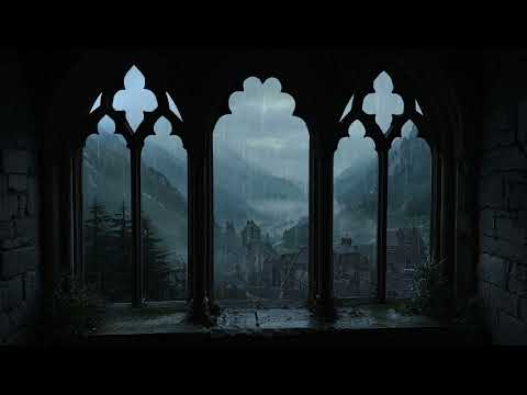 Medieval Castle Window 4K: Rainy View with Cozy Thunderstorm Sounds & Reading Ambience