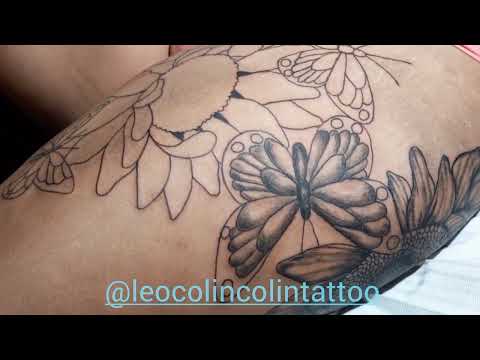 Tatuagem de borboleta contorno de tatuagem de girassol Leo Colin Tattoo floral
