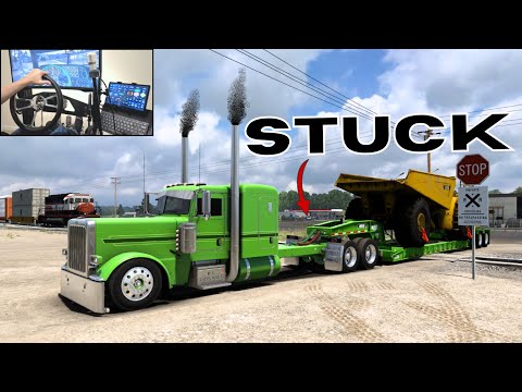 Hauling a Lowboy Over Train Tracks - (Stretched Peterbilt 389) - American Truck Simulator