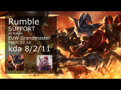 Rumble Support vs Rakan - EUW Grandmaster 8/2/11 Patch 10.14 Gameplay