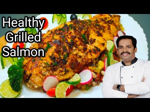How to make Easy Grilled Salmon with Vegetable Salad in Malayalam I KETO LCHF diet Salmon recipe