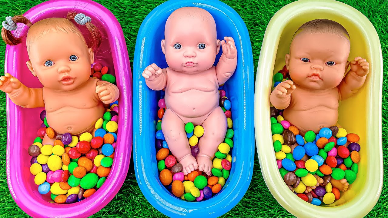 Very Satisfying Video | 3 Rainbow BathTubs Full of Color Candy with Squish Slime Cutting ASMR