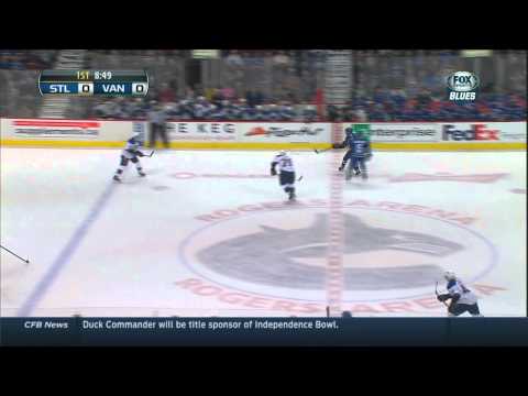 Ryan Reaves trucks Alexander Edler, epic chinstand. St. Louis Blues vs Vancouver Canucks  2/26/14