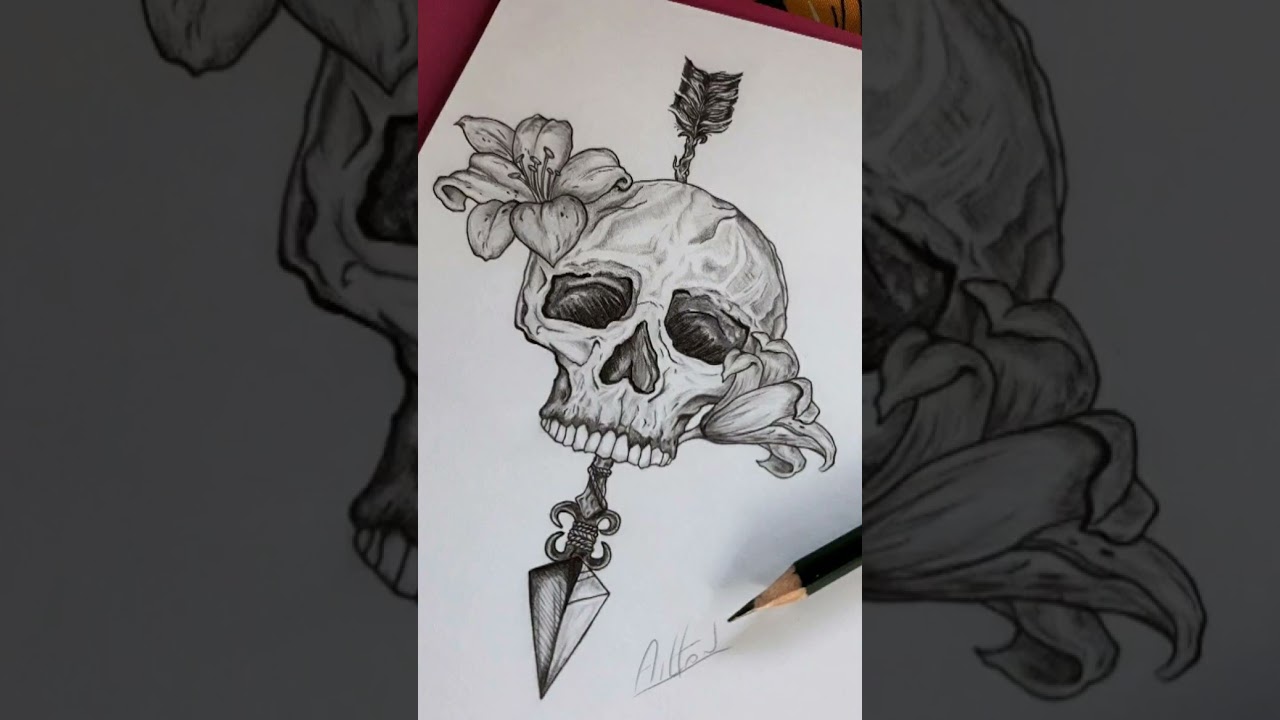 Olha esse desenho realista simples de uma caveira com uma espada quem gostou deixa um like #shorts