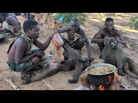 Discover Wild Baboon Monkey Eating, With Hadzabe tribe hunters Very delicious🤤.