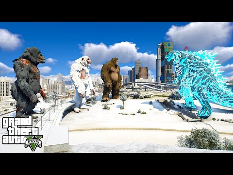 Godzilla Earth vs Team Gorilla Zombie, Giant Big Foot, Giant Yeti ( GTA V Mods )