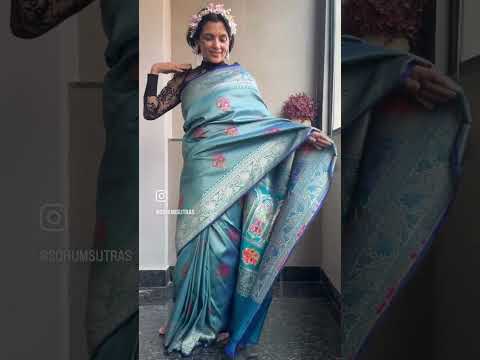 Aqua Blue Silk Zari Brocade Khimkhaab Floral Meena Banarasi Saree