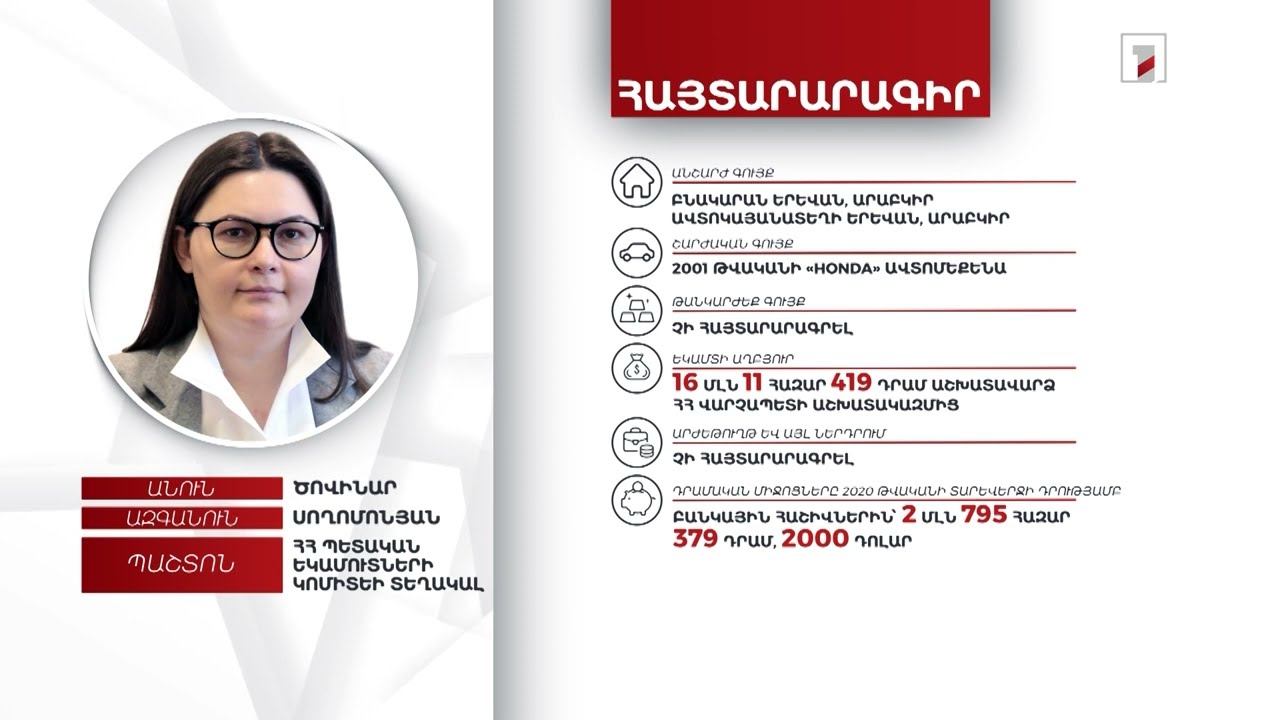2 անշարժ գույք, ավտոմեքենա, 2 մլն 795 հազար դրամ. ՊԵԿ փոխնախագահ Ծովինար Սողոմոնյանի հայտարարագիրը