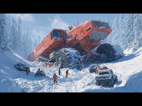 Tractor Dragged Out Of A Frozen Glacial River. Extreme winter truck and tractor recovery operations.