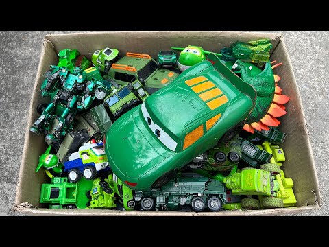 BOX full 100+ Green Transformers Car, Dinosaur Toys: Mc Queen, Excavator, Optimus Prime Stop Motion