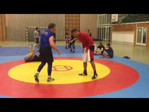 MMA Fighter (red) vs. Wrestler (blue) in Berlin Germany. Ringen und Martial Arts in Deutschland