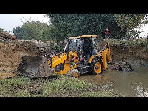 JCB Backhoe Breaking Bridge Wall - JCB Working For New Bridge Construction - JCB Video