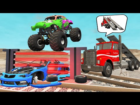 The Most Funny Cars vs Rails and Train with Monster Truck vs hunting Found Laser - BeamNG