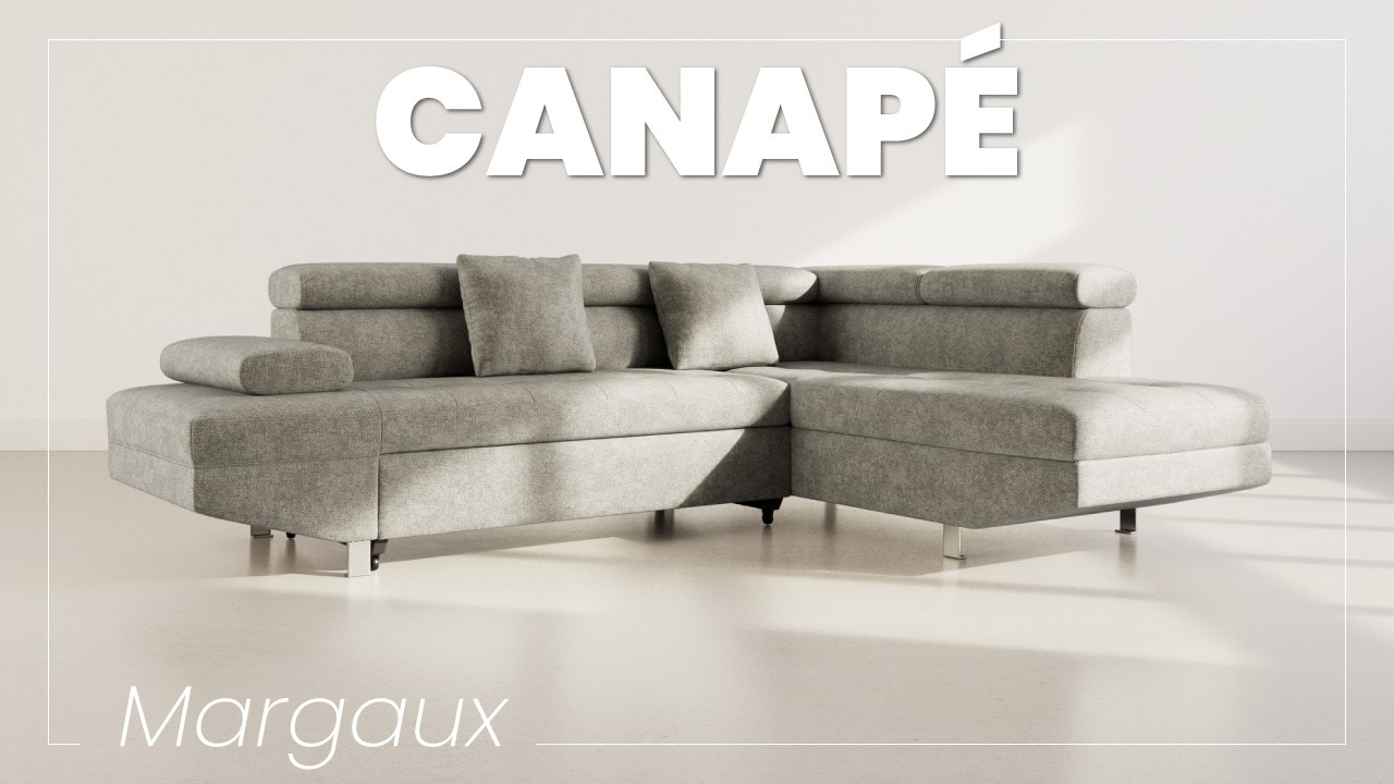 Thumbnail video of the produit Margaux - Canapé d'angle droit 5 places convertible avec coffre et têtières réglables en velours texturé