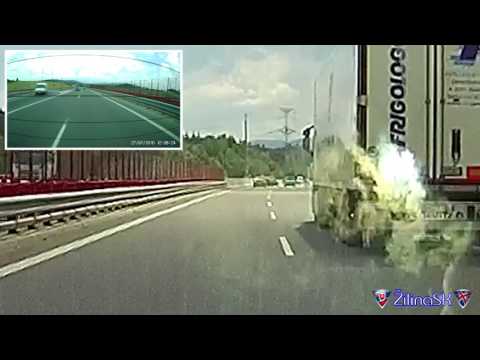 Car hits crash barriers on the E50 E75 D1 motorway (diaľnica) in Slovakia.