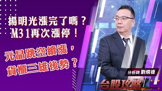 【台股攻略】#劉烱德 0902 揚明光漲完了嗎？M31 再次漲停！ 元晶跳空續漲，貨櫃三雄後勢？ (圖)