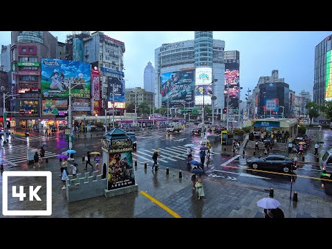 Paisagem urbana de Ximending em Taipei: caminhada de 1 hora na chuva | Taiwan 4K ☔️