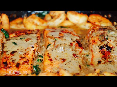 One Pan Creamy Tuscan Salmon and Shrimp Recipe