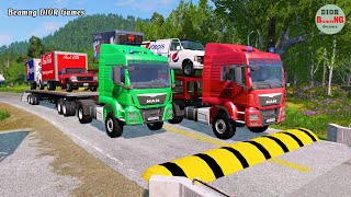 Double Flatbed Trailer Truck vs speed bumps|Busses vs speed bumps|Beamng Drive|195