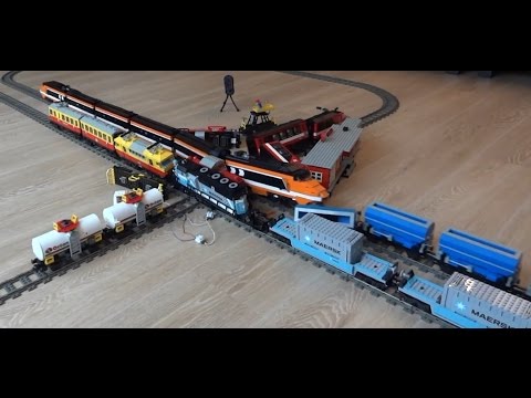 Enormous 6 Lego city train crash with Horizon Express, Maersk, 7755, 7740, 7745, 3677