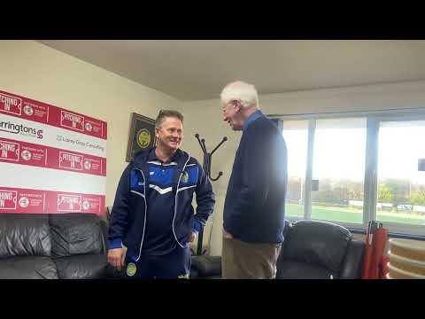 TOMMY BROOKBANKS SPEAKS TO CARLTON TOWN TV AFTER THE CLUBS WINNING RUN CAME TO AN END AT STOKE LANE.