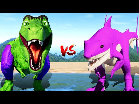 Pink King Shark vs Captain America T-REX, Spiderman Spinosaurus 🌍 JURASSIC WORLD EVOLUTION