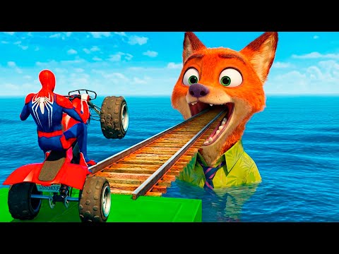 SPIDER-MAN against JUDY and NICK Ride on Motorcycle STUNT FUNNY MOMENTS | GTA 5 MULTIVERSE