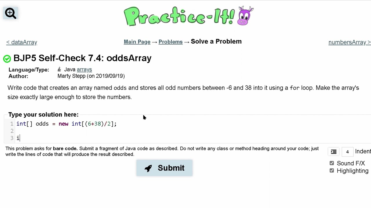 Java Practice It   |   Self-Check 7.4: oddsArray   |   arrays, array mystery, array basics