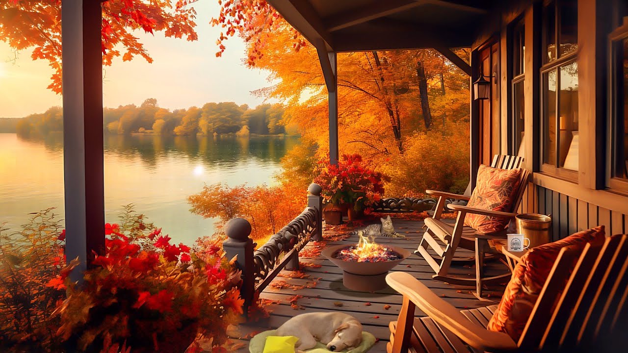 Cozy Autumn Porch by the Lake  Autumn Forest Ambience, Crackling Campfire Sounds