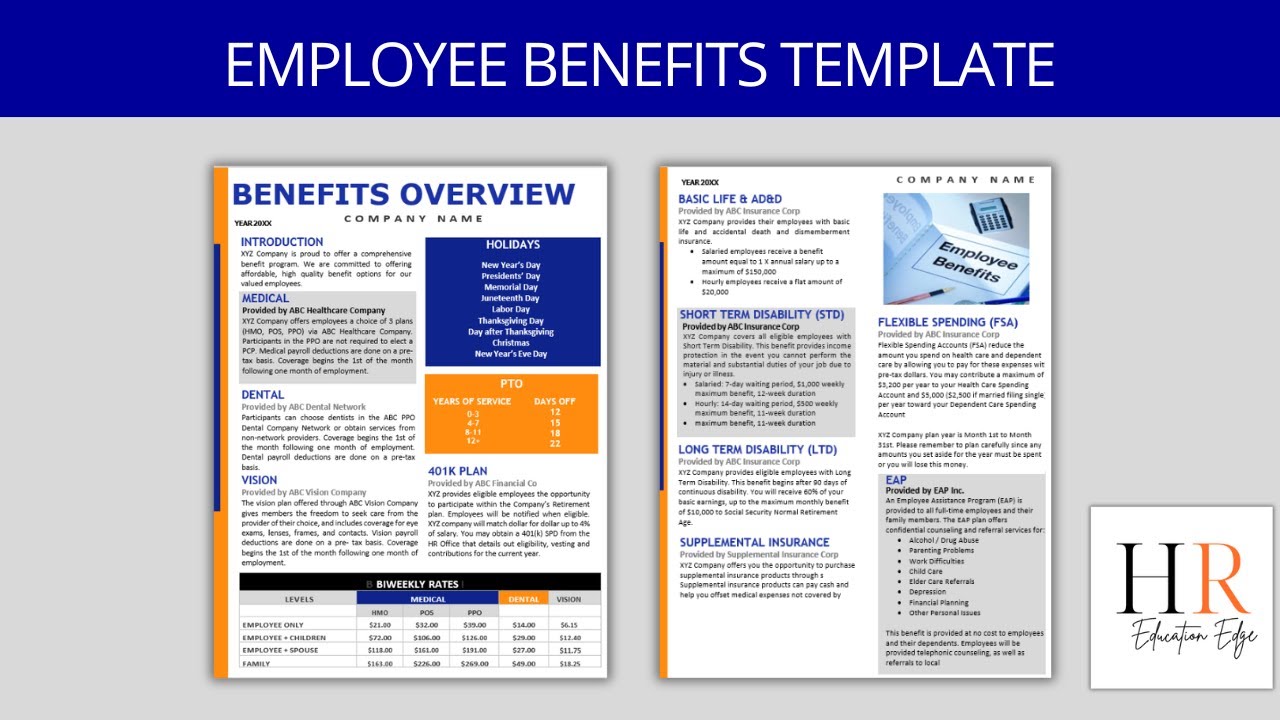 Employee Benefits Template | Benefits Brochure for Open Enrollment, New Hire packets - HR Templates