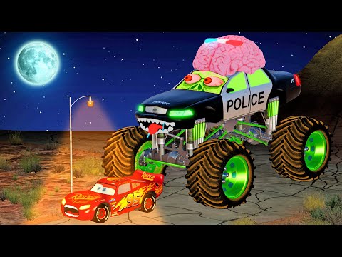 😱Horror Story | LARGE HUNGRY POLICE CAR TRUCK ZOMBIE 🆚 McQueen😱| BeamNG Drive