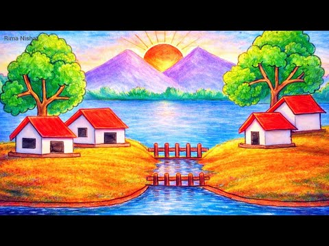 How to Draw Beautiful Village Landscape with Mountain, Lake & Waterfall | Easy Scenery