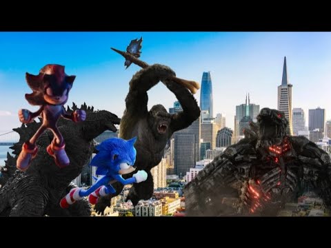 Godzilla, Kong, Sonic, and Shadow vs Mechagodzilla