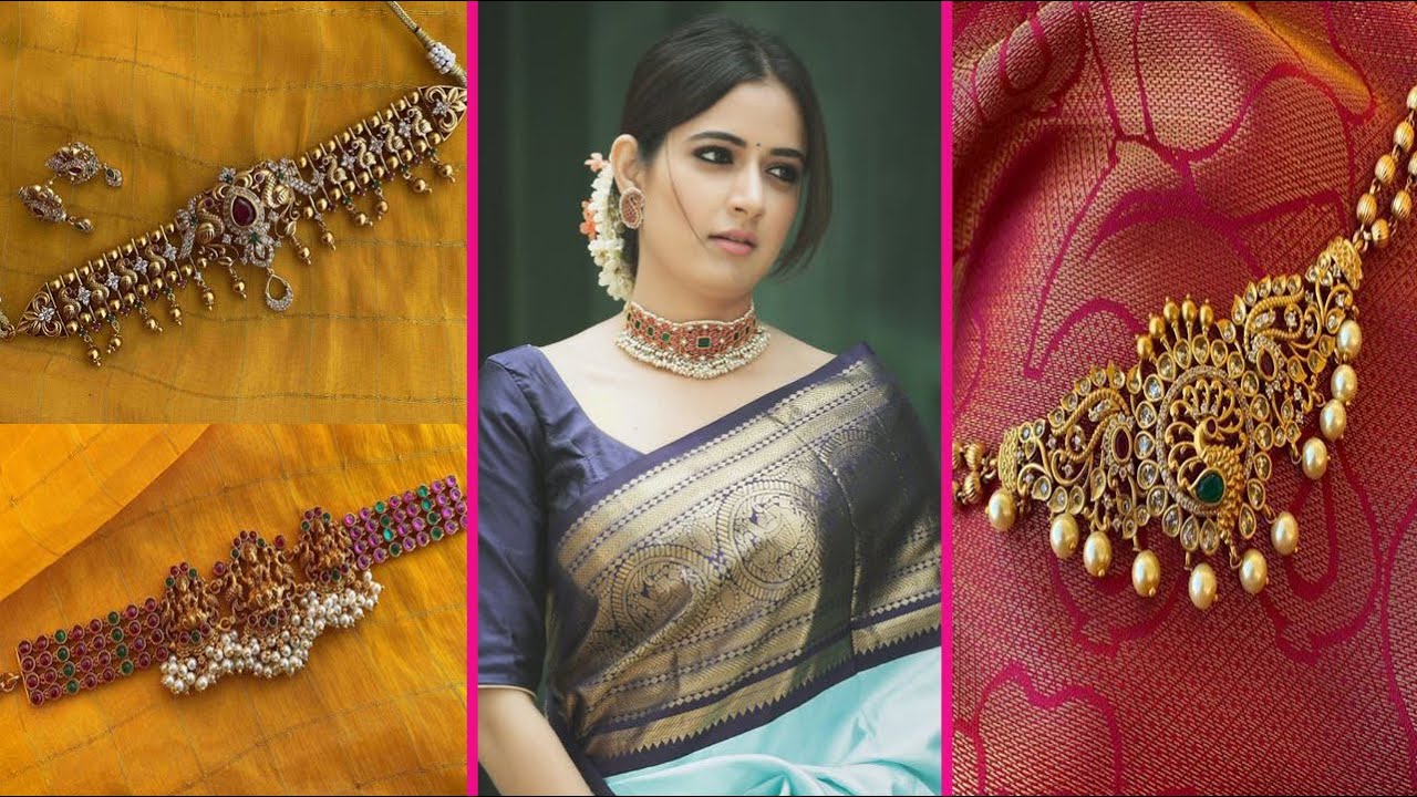 Latest Gold Choker Necklace designs, Gold Choker Collection, chokar necklace with saree