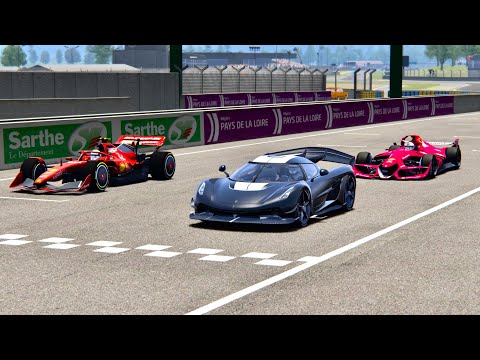 Koenigsegg Jesko with Jet Engine vs Ferrari F1 2021 vs Ferrari F1 2025 - Le Mans 24h Circuit