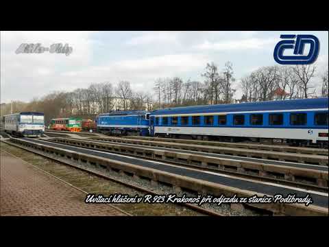 Ve vlaku: Uvítací hlášení v R 923 Krakonoš při odjezdu ze stanice Poděbrady
