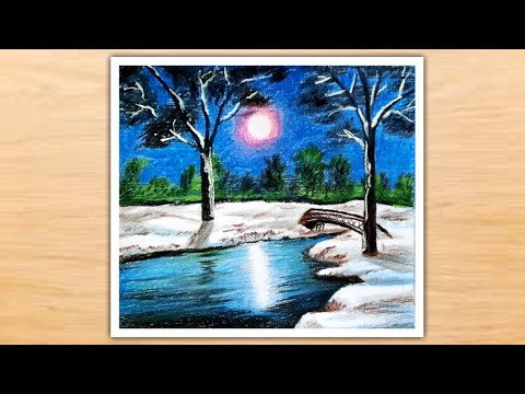 Beautiful Winter Snowfall Scenery Drawing for Beginners With Oil Pastel - Step by step