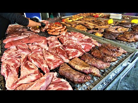 Street Food from Argentina. Huge Parillada. Asado, Angus, Loin, Ribs, Sausages